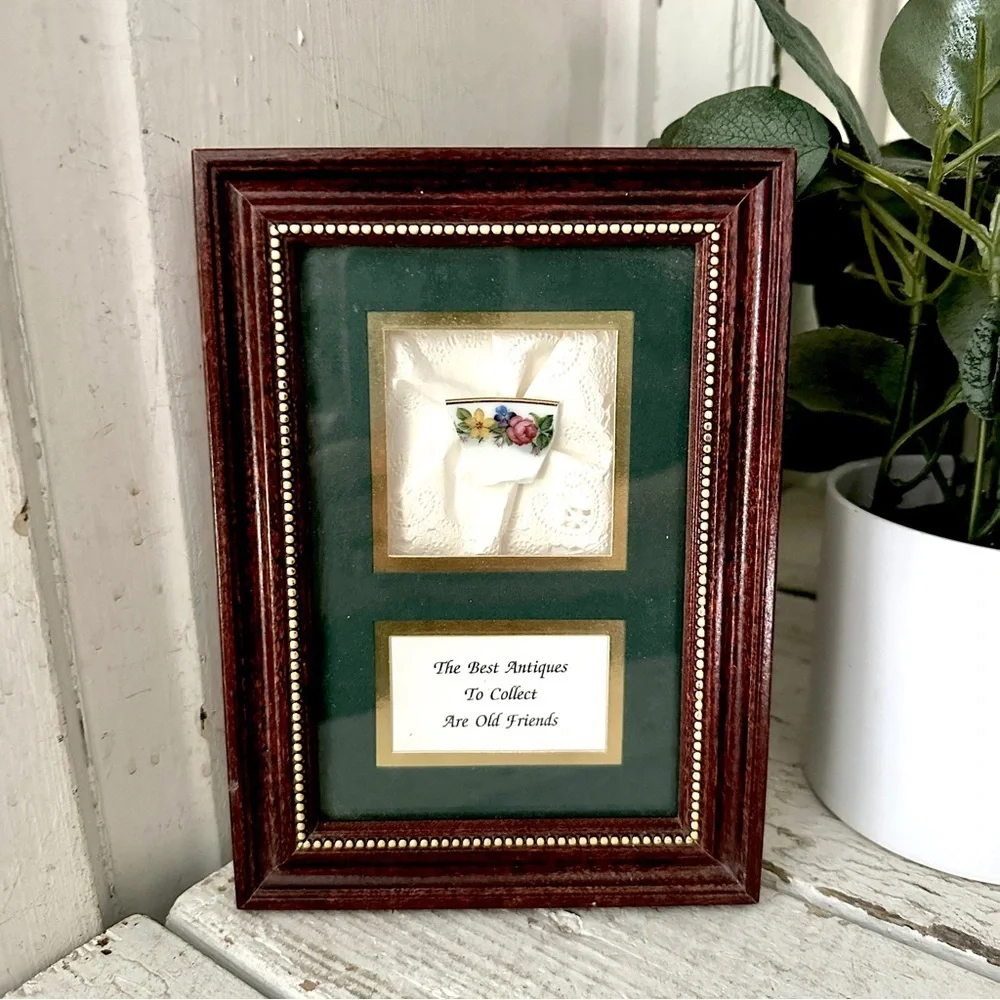 Chipped China Cup Plate Best Antiques are Old Friends Wood Framed Art Shadow Box